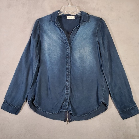 Bella Dahl Top Womens L Blue Chambray Button Up Zip Back Tencel Long Sleeve Boho - Picture 2 of 9